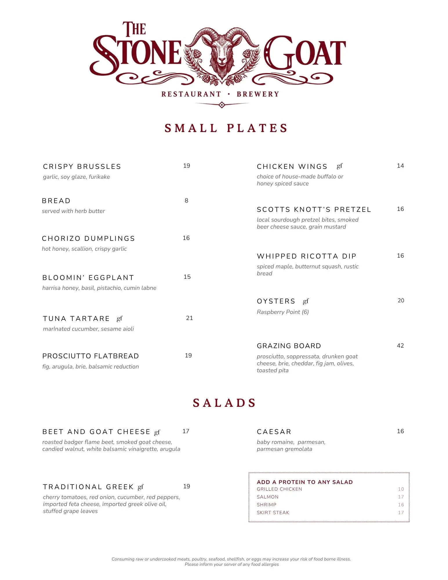 Menu page 1: Small Plates and Salads