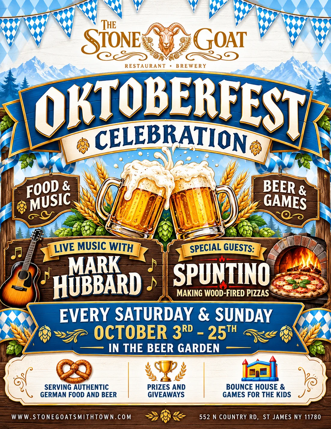 Oktoberfest Celebration flyer: live music with Mark Hubbard, special guests Spuntino making wood-fired pizzas, every Saturday and Sunday, October 3 to 25, in the Beer Garden