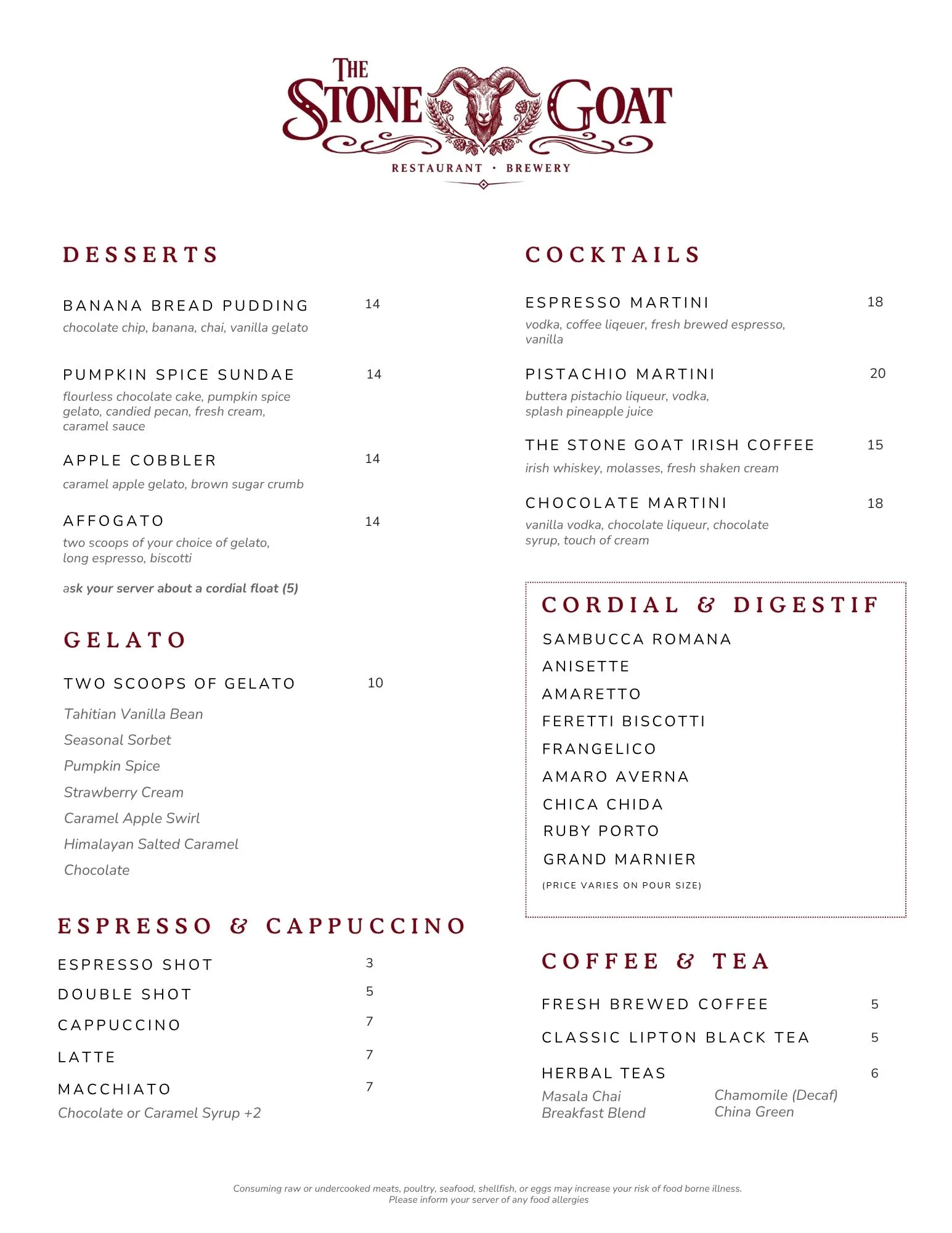 Menu page 3: Desserts, Cocktails, Coffee and Tea
