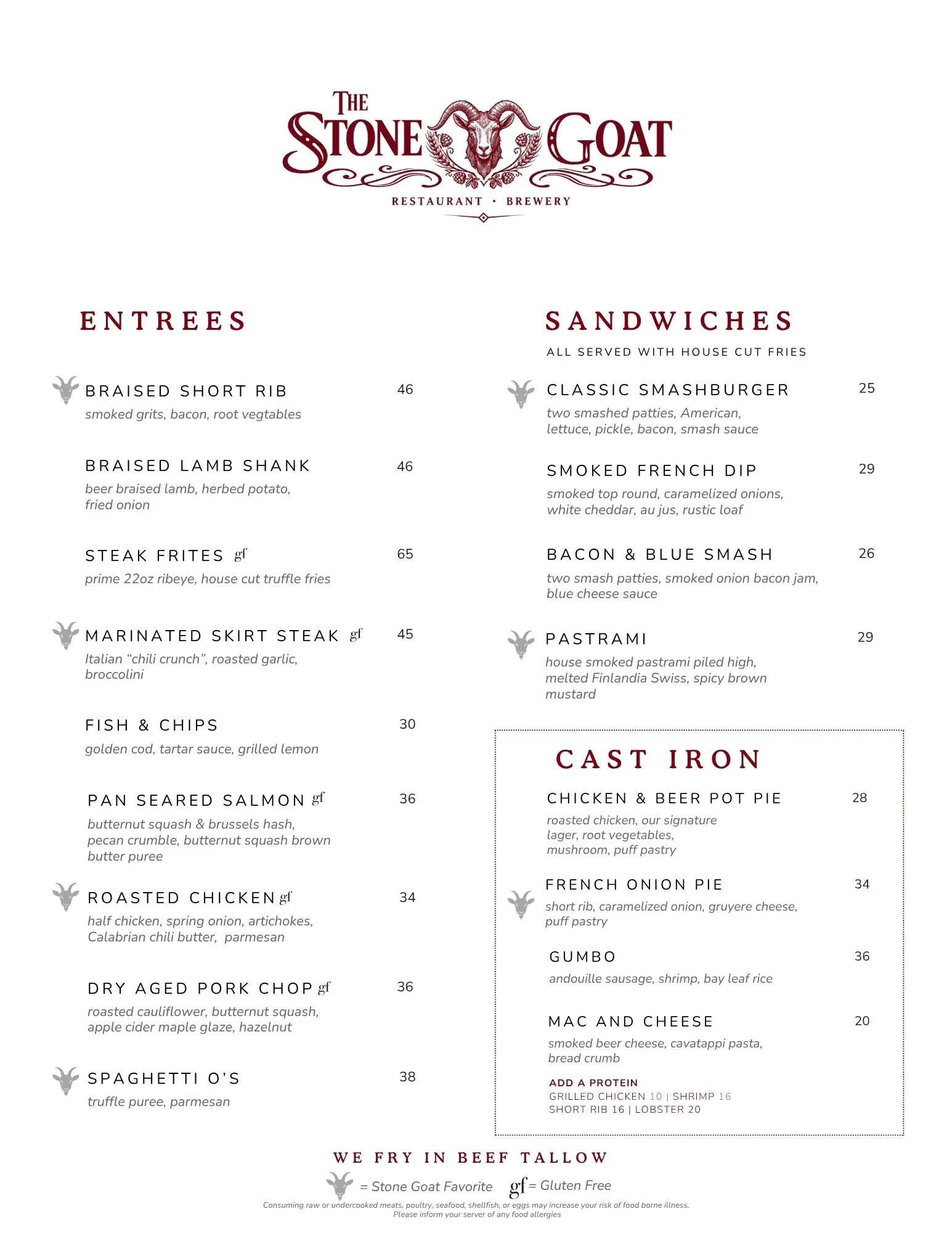 Menu page 2: Entrees, Sandwiches and Cast Iron